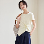 尚都比拉（Sentubila）【棉】短袖t恤女夏2025新款休閑扭結(jié)設(shè)計不規(guī)則上衣 米杏色 S