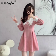 她芙（tafu）品牌女裝法式連衣裙女2025春秋新款韓版修身顯瘦長袖娃娃領蓬蓬裙 粉紅色 S