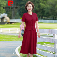 皮爾卡丹（pierre cardin）夏天連衣裙媽媽婚宴禮服旗袍氣質(zhì)高雅假兩件短袖連衣裙顯瘦遮肉薄 酒紅今年流行的輕奢品牌 XL 建議90-105斤