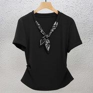 修嫻（soossn）絲巾短袖T恤女2025年夏季新款寶藍小衫歐洲站大碼顯瘦女裝上衣 黑色 3XL