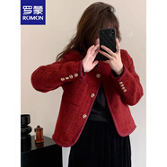 羅蒙（ROMON）酒紅色小香風加棉短外套女2025秋冬款新年紅色圣誕氣質(zhì)高級感上衣 紅色加棉款 S -95斤以下拍