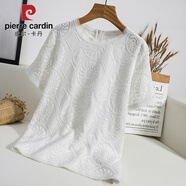 皮爾卡丹（pierre cardin）白色鏤空圓領(lǐng)短袖蕾絲衫女夏裝2025新款韓版寬松百搭刺繡雪紡上衣 白色 2XL (125-140斤)