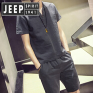 JEEP SPIRIT吉普男裝夏季冰絲棉麻運動(dòng)套裝潮牌亞麻半袖體恤短袖上衣 灰色(短袖+短褲) M
