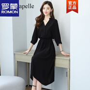 羅蒙 連衣裙女2022年春秋新款雪紡黑色v領(lǐng)收腰顯瘦休閑氣質(zhì)遮肚子法式 黑色 S (建議80-90斤)