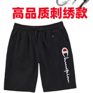 冠軍涂鴉短褲男純棉刺繡夏季復古休閑中褲潮牌寬松大碼運動五分褲純棉短褲 短褲黑色大刺繡 小毛圈 4XL [170-185斤]