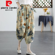 皮爾卡丹（pierre cardin）品牌店棉麻印花薄款哈倫褲女夏時(shí)尚抽繩七分褲亞麻休閑燈籠褲 彩墨花今年流行的輕奢品牌 M 【95-115斤】