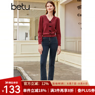 百圖betu女裝秋新款毛衣少女感絲絨蝴蝶結(jié)V領(lǐng)提花長袖毛衣2309T93 紅色 S