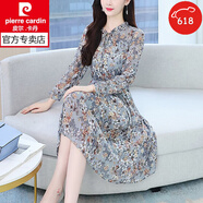皮爾卡丹（pierre cardin）初秋連衣裙女2025春秋新款氣質(zhì)小個(gè)子收腰減齡媽碎花雪紡長(zhǎng)袖裙子 灰藍(lán)色 L