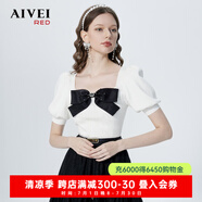 AIVEI欣賀艾薇2022春夏新少女感蝴蝶結(jié)方領(lǐng)鏤空針織衫P0160066 白色-預(yù)售7天 S -預(yù)售7天