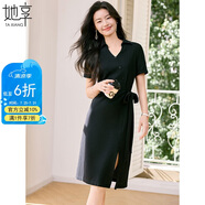 她享短袖連衣裙女V領(lǐng)翻領(lǐng)系帶中長(zhǎng)款裙子休閑下擺開(kāi)衩連衣裙 T52Q013