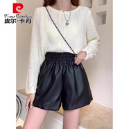 皮爾卡丹大碼胖mm高腰皮短褲女春秋2025年新pu皮褲松緊腰休閑a字短褲ins潮 黑色 S 【建議70-90斤】