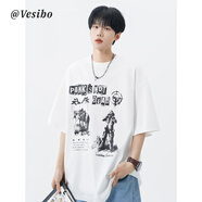 維斯博 VESIBO美式復古黑白印花T恤男夏季高街小眾寬松短袖體恤潮牌圓領五分袖 白色 M