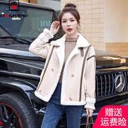 AEMAPE 皮衣一體羊羔毛短外套女2025春秋季新款加厚羊羔絨機車外套 MX-2215_米白色 M 100-115斤
