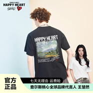 查爾斯桃心純棉T恤男情侶小清新夏季新款短袖上衣潮流刺繡百搭寬松短袖衣服 黑色 XS