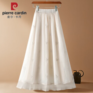 皮爾卡丹（pierre cardin）歐根紗刺繡蝴蝶網(wǎng)紗半身裙女夏季新款高腰中長(cháng)款荷葉邊a字紗裙子 杏色-蝴蝶 S
