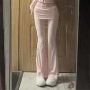 原創(chuàng  )純欲風(fēng)單排扣短袖開(kāi)衫上衣女蕾絲高腰包臀修身喇叭休閑長(cháng)褲兩 單件純欲粉褲 L