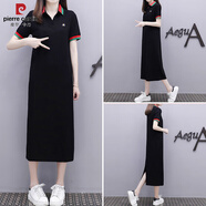 皮爾卡丹（PIERRE CARDIN）超長(zhǎng)款t恤衛(wèi)衣裙女中長(zhǎng)款連衣裙春秋裝新款寬松薄款過(guò)膝長(zhǎng)裙子夏 黑色 S 【建議80-98斤】