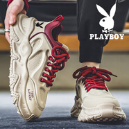 花花公子（PLAYBOY）鞋子男鞋2025春夏季透氣新款百搭休閑鞋男士運(yùn)動(dòng)厚底老爹鞋板鞋男 米紅【主圖款】 CPL1258596 41