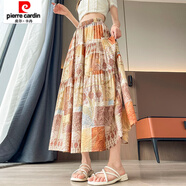 皮爾卡丹（pierre cardin）冰絲棉麻印花半身裙女夏季波西米亞風(fēng)大擺a字裙垂墜感遮胯中長(cháng)裙 橘色 S