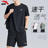 安踏（ANTA）運(yùn)動(dòng)套裝男女情侶夏季透氣休閑短袖短褲兩件套寬松男士健身籃球褲 -2基礎(chǔ)黑【男女同款】 XL/180 適合140-160斤