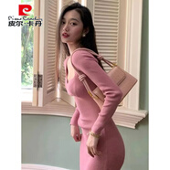 皮爾卡丹法式方領粉色針織洋裝女秋冬配大衣內搭氣質修身收腰毛衣長裙子 粉色 L