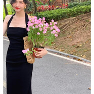 貞喜氣法式純欲風(fēng)吊帶掛脖法式連衣裙女夏裝新款露背修身顯瘦氣質(zhì)包臀裙 黑色 M 有彈力