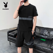 花花公子冰絲速干男士t恤夏季薄潮牌寬松短袖短褲籃球服一套跑步運動(dòng)套裝 TZ2602黑色 XL 135-155斤