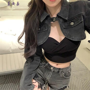 美安嘉外搭超短款牛仔短款外套女設(shè)計(jì)感小眾高腰夾克牛仔衣外搭開(kāi)衫 黑色小外套 S