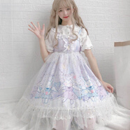 洛麗塔夏季女裝日系星空天使兔原創(chuàng  )Lolita洋裝印花吊帶jsk連衣裙蘿莉塔正品 紫色吊帶裙+罩紗