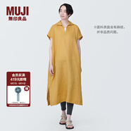 無印良品 MUJI 女式 麻 水洗 開領半袖連衣裙 女裝漢麻裙子夏季 BC2JLA4S 煙熏黃色 S 155/80A