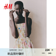 H&M女裝無(wú)領(lǐng)連衣裙2025夏季新款無(wú)袖縮褶植物印花吊帶長(zhǎng)裙1275861 奶油色/花卉 L 170/104