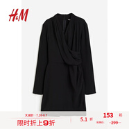 H&M女裝連衣裙夏季女士垂褶裹身長袖V領(lǐng)垂墜短裙1197064 黑色 170/116
