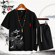 啄木鳥夏季爸爸男裝短袖T恤40-50歲中老年亞麻短褲爺爺運動夏裝棉麻套裝 黑色 5XL (適合175斤以內(nèi))