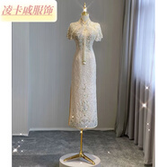 凌卡戚高檔旗袍2023新款新娘敬酒服結(jié)婚中式改良奢華訂婚晚禮服裙女高端 白色 XS