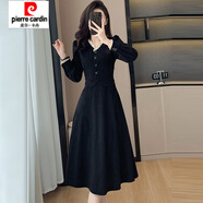 皮爾卡丹（pierre cardin）超好看氣質長袖連衣裙秋冬裝女新款高腰花邊拼接連身打底裙子 黑色 S