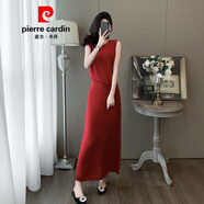 皮爾卡丹（pierre cardin）法式Chic小香風(fēng)氣質(zhì)冰絲針織套裝裙夏季新款鏤空設計感兩件套長(cháng)裙 紅色 S