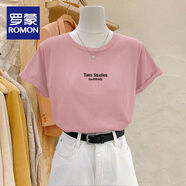 羅蒙（ROMON）2025新款女裝正肩純棉短袖t恤時尚百搭減齡洋派白色圓領上衣夏季 藕粉色(Taes Studies小字 2XL 建議【131-140斤】