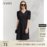 AMII夏季新款泡泡袖連衣裙女通勤斜V領(lǐng)赫本裙法式裙子小黑裙12230067 黑色 XS 150/76A