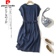 皮爾卡丹（pierre cardin）品牌法國(guó)法式純色苧麻連衣裙女中長(zhǎng)款中國(guó)風(fēng)系帶收腰娃娃裙 深藍(lán)色 M 【建議95-115斤】