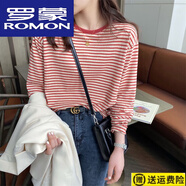 羅蒙（ROMON）23年新款條紋t恤女長(zhǎng)袖春季純棉上衣韓版寬松打底衫春秋百搭體恤 紅色條紋 (紅杏條紋) L (建議105-120斤)