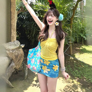 鉑吶苓泳衣女分體多巴胺掛脖抹胸背心甜妹半身裙夏日海邊度假女穿搭泳衣 黃色抹胸三件套（建議70-120斤）