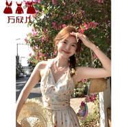 萬(wàn)欣兒甜美風(fēng)彩虹波點(diǎn)掛脖吊帶裙女法式氣質(zhì)收腰顯瘦中長(cháng)款v領(lǐng)連衣裙子 彩虹波點(diǎn) L 建議105-120斤