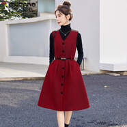 啄木鳥(niǎo)（TUCANO）時(shí)尚新中式2025套裝秋冬季單排新款氣質(zhì)領(lǐng)顯毛呢背心連衣裙兩件套 套裝【白毛衣+紅色連衣裙】 XL