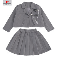 皮爾卡丹（pierre cardin）女童洋氣秋裝學(xué)院風(fēng)小西裝jk制服三件套中大童女孩韓版小學(xué)生套裝 灰色三件套 M 110c