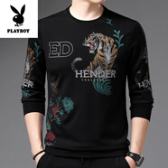 花花公子（PLAYBOY）高端純棉長袖t恤男士2025新款春秋季男裝打底衫圓領(lǐng)品牌全棉衛(wèi)衣 1828黑色【春秋】 薄款 3XL 185 【建議體重170-190斤】