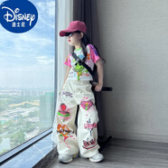 迪士尼（Disney）女童夏季套裝2025新款潮中大童時(shí)髦短袖T恤甜酷女孩直筒褲兩件套 彩色笑臉T恤+愛(ài)心小草莓直筒褲 110