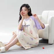 貓人（MiiOW）純棉睡裙女夏季薄款短袖連衣裙舒適休閑韓版時尚可外穿睡衣家居服 5907米紫 L (建議100-120斤)