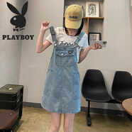花花公子黑灰色牛仔背帶裙女新款夏裝寬松顯瘦甜酷風小個子直筒吊帶連衣裙 淺藍色 S