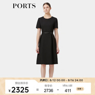 PORTS寶姿春季新品女裝優(yōu)雅純色通勤腰帶裝飾束腰短袖連衣裙 黑色 S (4)