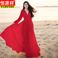 恒源祥沙灘裙大擺白色雪紡長(cháng)袖新款海邊度假氣質(zhì)收腰超仙波西米亞長(cháng)款裙 紅色 2XL